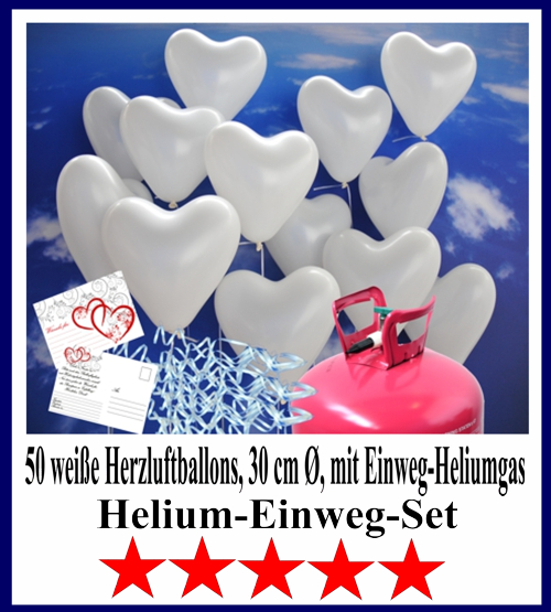 50 weiße Herzluftballons zur Hochzeit steigen lassen. Helium-Einweg-Set. 5 Sterne Angebot vom Ballonsupermarkt-Onlineshop