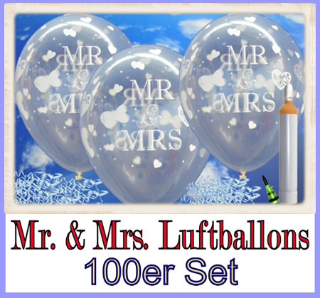 Mr and Mrs Luftballons zur Hochzeit. Helium Ballongas Luftballons Set