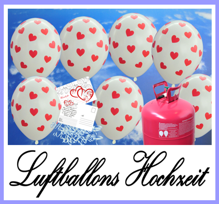 Luftballons zur Hochzeit. Weiße Luftballons mit roten Herzchen, Ballonbändern, Helium-Einweg und Ballonflugkarten